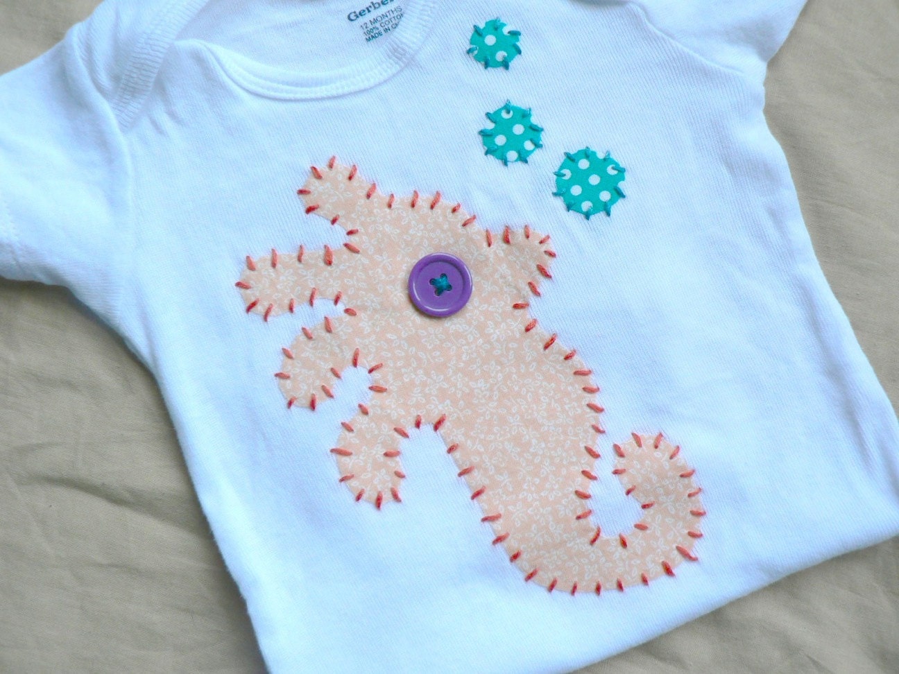 Scrap Fabric Applique Seahorse Onesie or Shirt You Pick Size and Colors