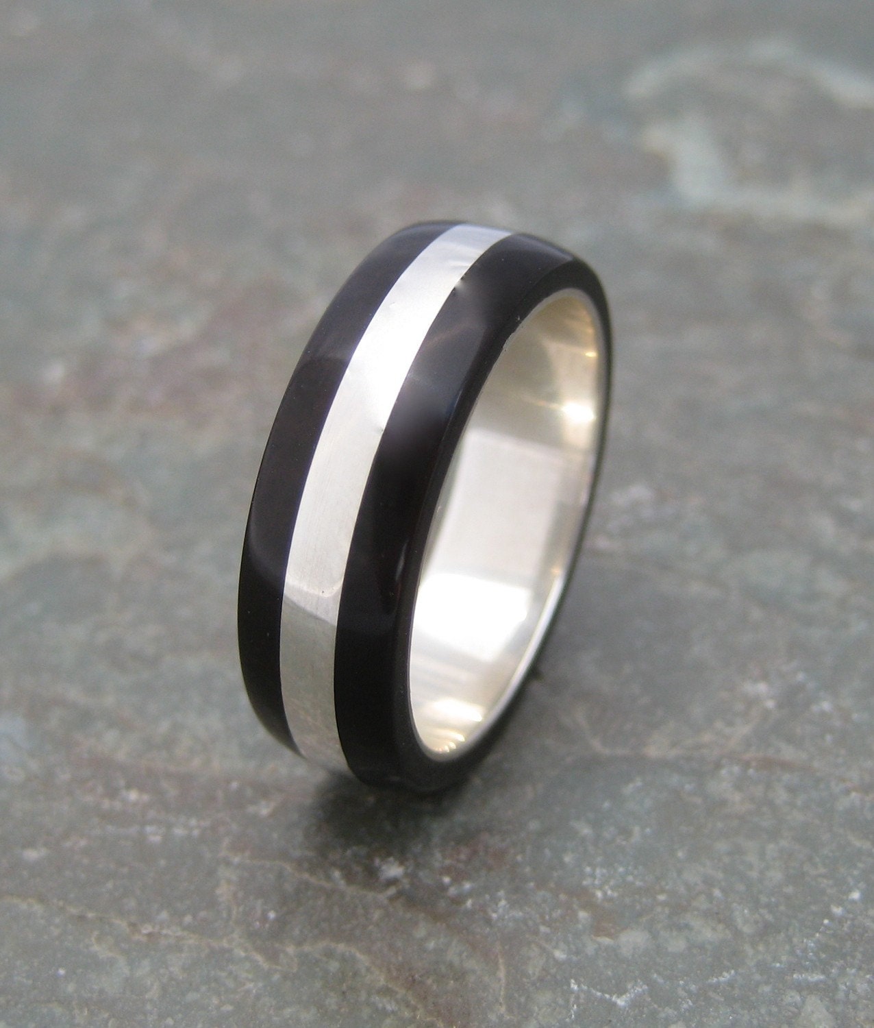 Rio Plata Ring - wood ring with recycled sterling silver and coyol seed with silver lining