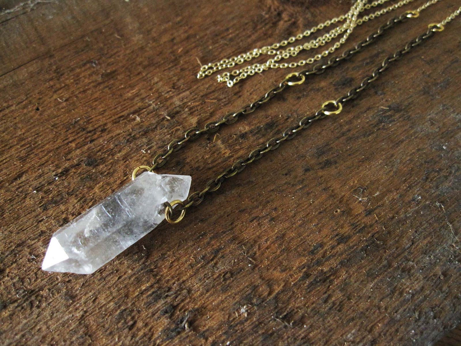 Raw smokey quartz point on bronze and gold tone chain