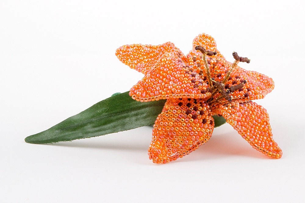 Beaded Tiger Lily Flower Brooch