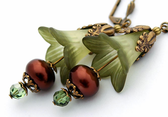 Floral Green Lilies, Chocolate Brown Pearls, Swarovski Crystals, Brass Ornate Drop Earrings