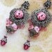 Pink Lampwork Earrings, Floral Flower Chandelier, Ornate Silver, Crystal