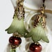 Floral Green Lilies, Chocolate Brown Pearls, Swarovski Crystals, Brass Ornate Drop Earrings