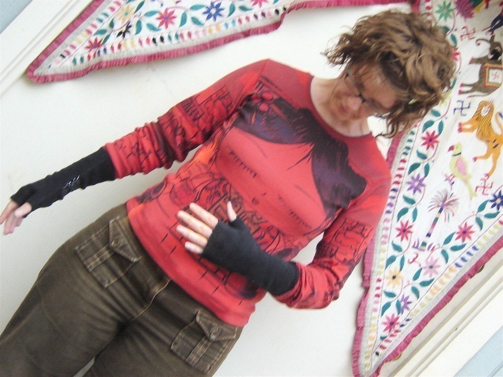 Fingerless Gloves, RED Fox, soft, washable fleece, wrist warmers