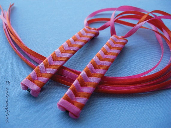 Hot Pink and Orange - Braided Ribbon Barrettes