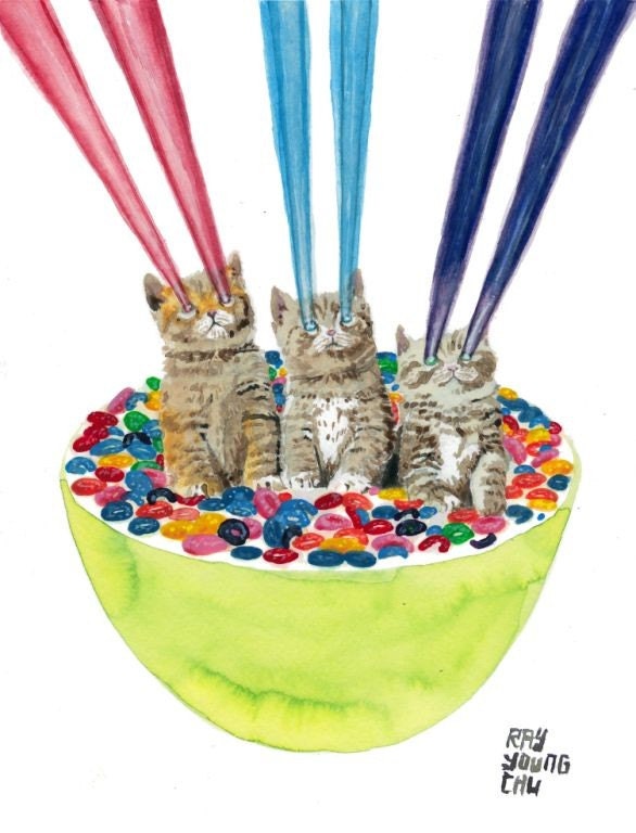 CEREAL KILLERS Triple Trouble with Lasers Cats 8.5 x 10.75" print by Ray Young Chu