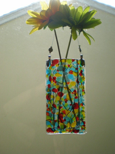 Dots of Color One-of-a-kind Vase - Hangs on a window or wall, holds water and flowers.