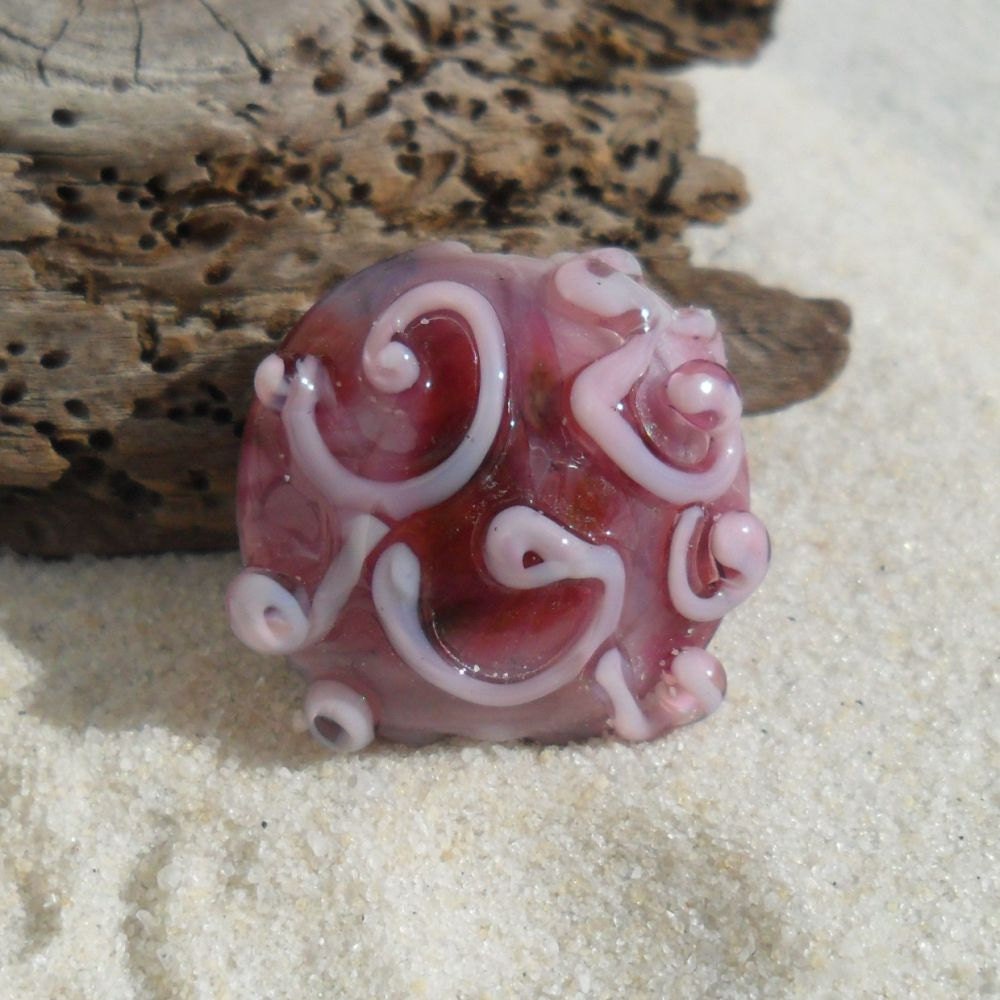 Lampwork Focal, Handmade Pink Swirl Lentil,  SRA LETEAM glassymomDestash