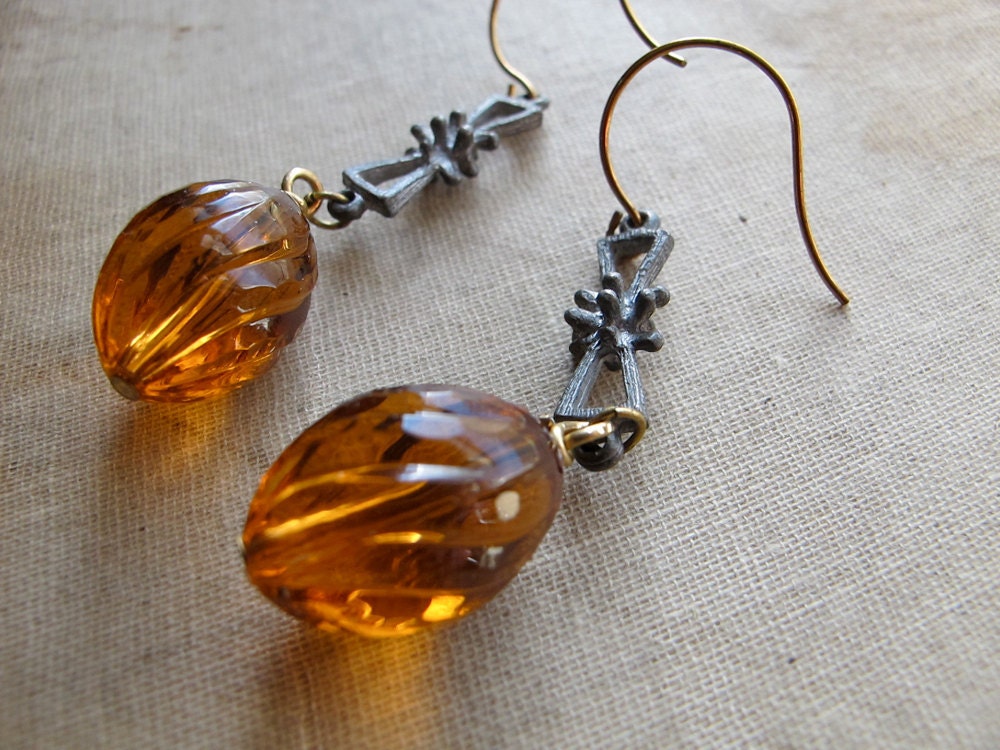 Dangle Earrings, Vintage Topaz Lucite Beads with Gunmetal Charm, Jewelry made from vintage finding by Glamourpuss Creations on Etsy