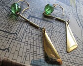 Triangle Earrings Vintage Brass Charm Glass or Lucite Beads Custom Colors Metal Chain Geometric Jewelry by Glamourpuss Creations on etsy
