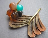 SALE Leaf Necklace, Vintage Brass Pendant with Lucite Beads Featured in Indiefixx by Glamourpuss Creations on etsy
