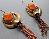 Chandelier Earrings Vintage Brass Hoop Tassel and Amber Cabochon Custom Color Long Earrings Duster Handmade by Glamourpuss Creations on Etsy