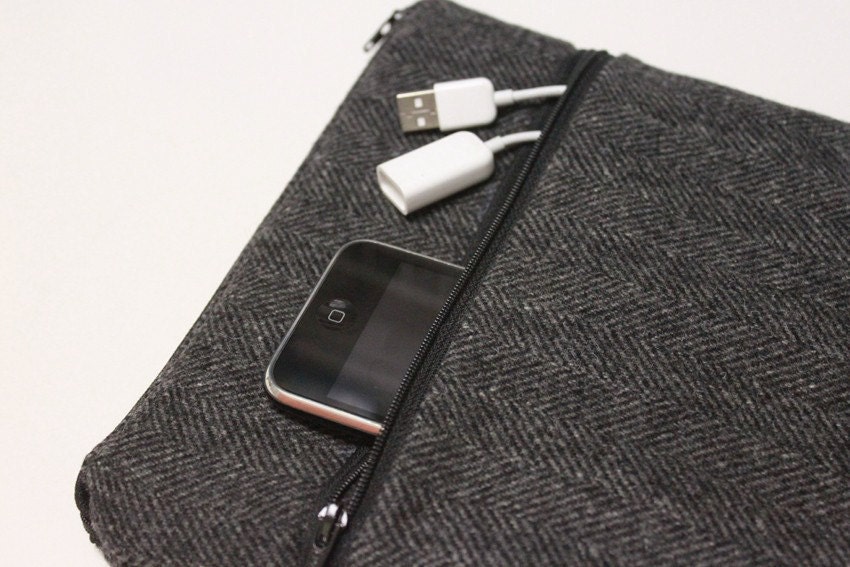 Men's MacBook Air 11 or 13 Inch Cover Laptop Case Zipper Outer Pocket Handmade Fashion Sleeve - Gray Herringbone Wool