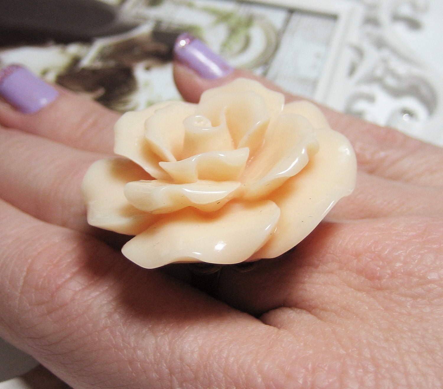 Flower Ring, Peach Rose Bloom Ring, Adjustable Metal Band, Vintage Inspired Ring - BUTTERCREAM