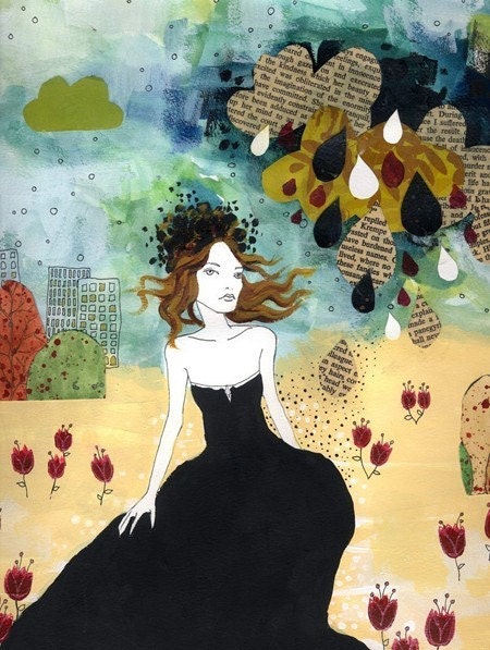 Storm Art Print - clouds and rain and flowers collage print