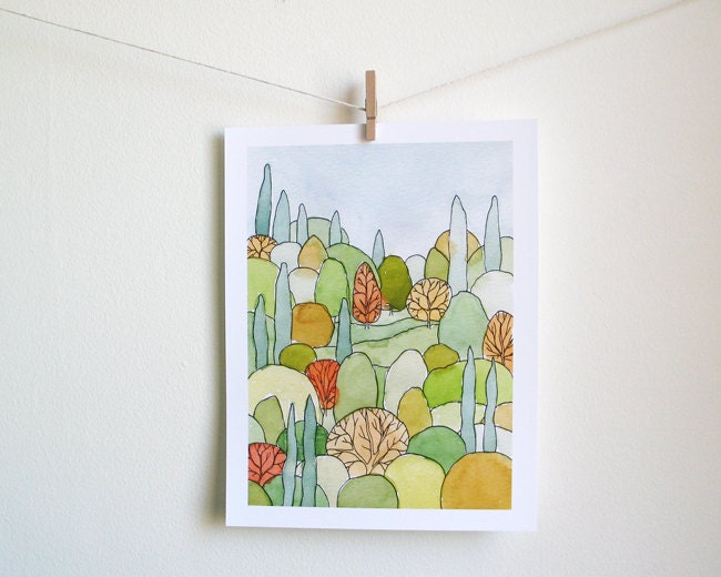 Perfect Landscape Art Print - from original watercolor painting of lovely trees