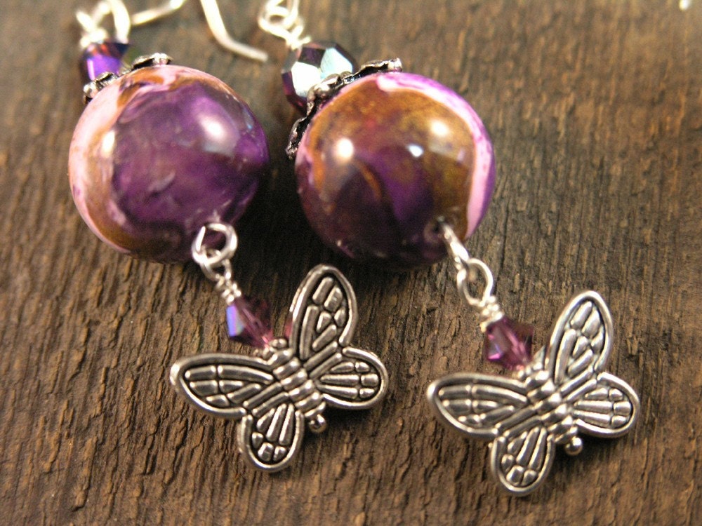 handmade polymer clay beads, swarovski crystal and silver butterfly spring earrings