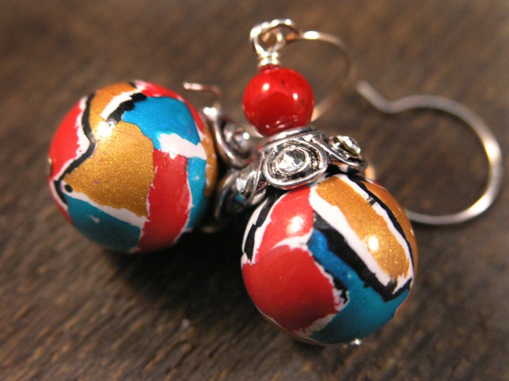 red dyed fossilized stone, swarovski crystal bead caps and handmade polymer clay earrings