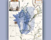 Conch Shell Print on old map,  Marine Wall Decor,  Nautical art, Coastal Decor