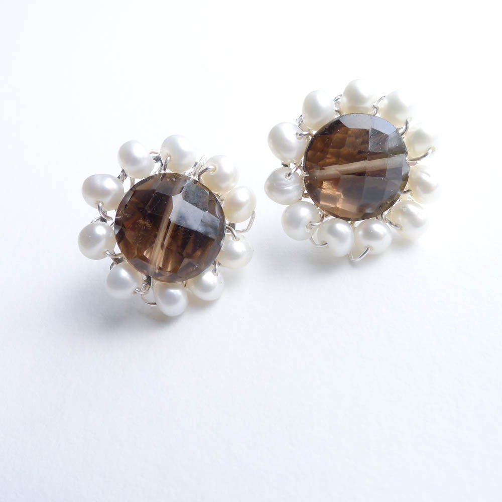 50s Inspired Earrings - Smoky Quartz w/ White Freshwater Pearl Post Earings
