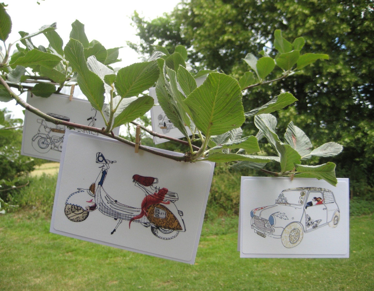 4 Greetings Cards (blank) - Mini, MG BGT, Vespa, Honda Monkey Bike
