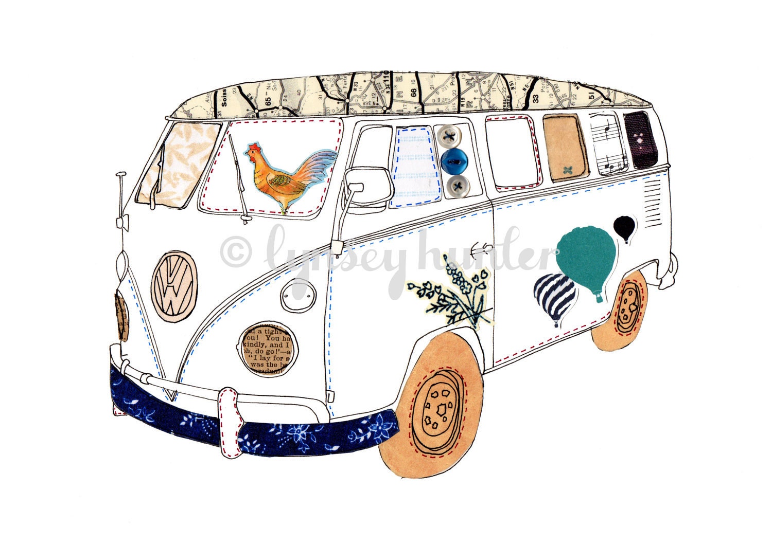 VW Camper van - Ink and collage illustration