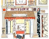 French Patisserie - Ink, watercolour and collage illustration