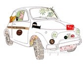 Fiat 500 car - Ink & Collage Illustration