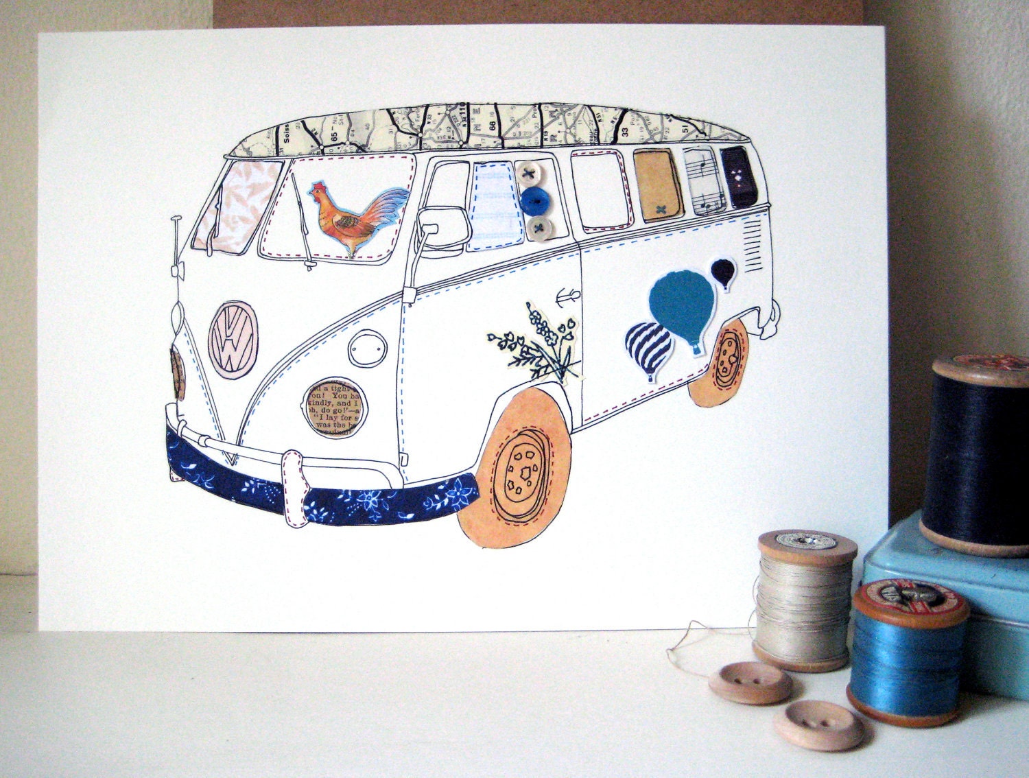 VW Camper Van Original Illustraion - Ink & collage