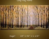 Landscape Original Large Abstract Painting Modern Contemporary Yellow Trees ...24 x 48 .. Long Way Home