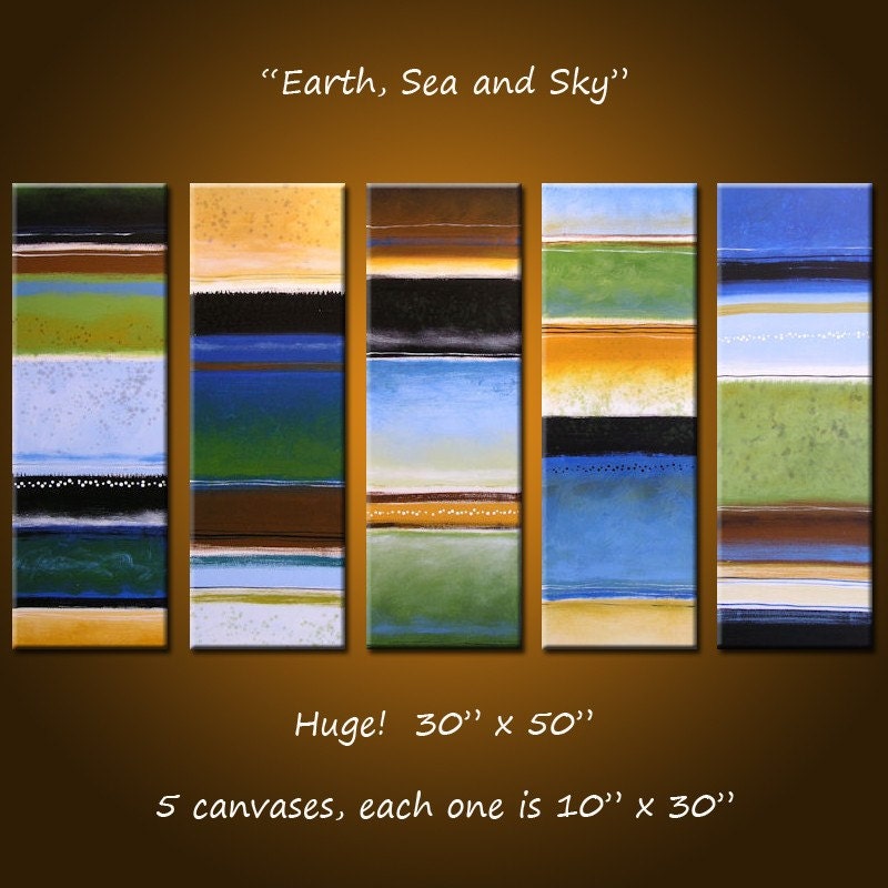Abstract Painting Original Large Modern Art  .. yellow green blue white black ...50 x 30 .. Earth, Sea and Sky