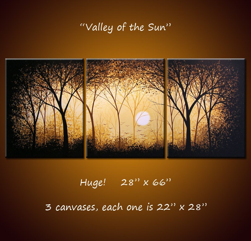 Painting Large Abstract Original Modern Contemporary Landscape Trees Sun .. white yellow brown gold black ...28 x 66 .. Valley of the Sun