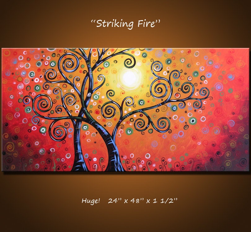 Original Large Abstract Painting Modern Contemporary Landscape ... Ready to hang ... 24 x 48 .. "Striking Fire"