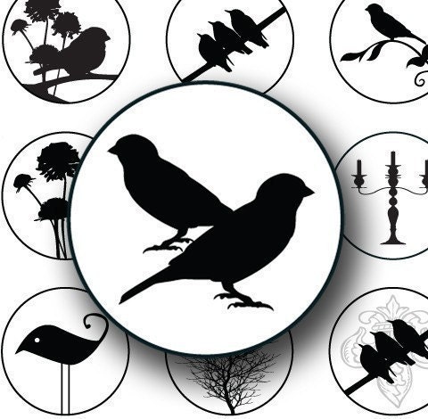 Black and White Silhouette Birds and Swirls in 1 inch circles -- piddix digital collage sheet no. 603