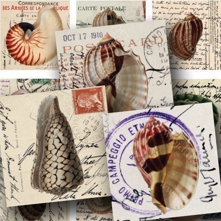 4x6 inch digital collage sheet sampler -- Vintage Seashell Postage in 7/8 inch squares -- piddix no. 1046