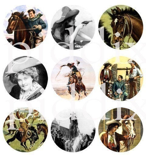 Cowgirls and Boys in 1 inch circles for bottlecap art and more -- piddix digital collage sheet no. 284