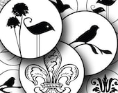 Black and White Silhouette Birds and Swirls in 1.5 inch circles -- piddix digital collage sheet no. 615