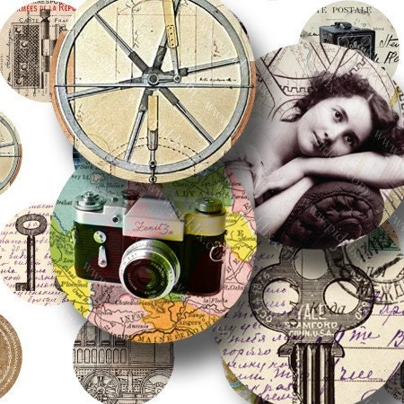 New -- Steampunk Travels in 1 inch Circles -- Two in One Digital Collage Sheet -- piddix 781