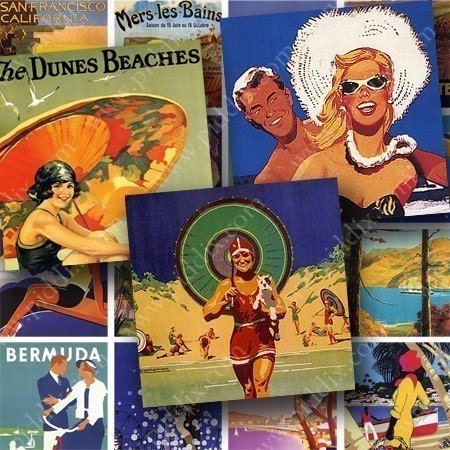 Vintage Tropical Travel Posters in .85-inch squares for scrabble tiles and more -- piddix digital collage sheet no. 399