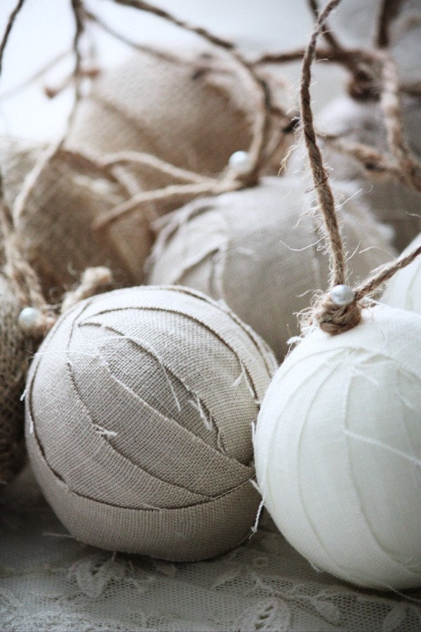 Set of 9 Rag Ball Trio. Handmade Christmas ornaments in linen and burlap.