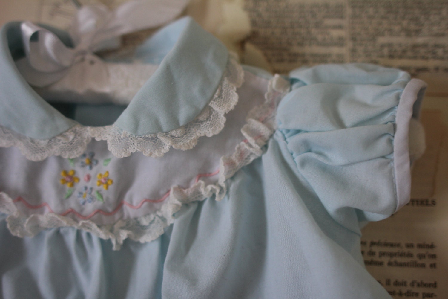 SALE - Vintage Blue Dress Retro Ruffle Flower Shirt with Pocket and White Collar Kid Baby Girl Clothing Easter Dress