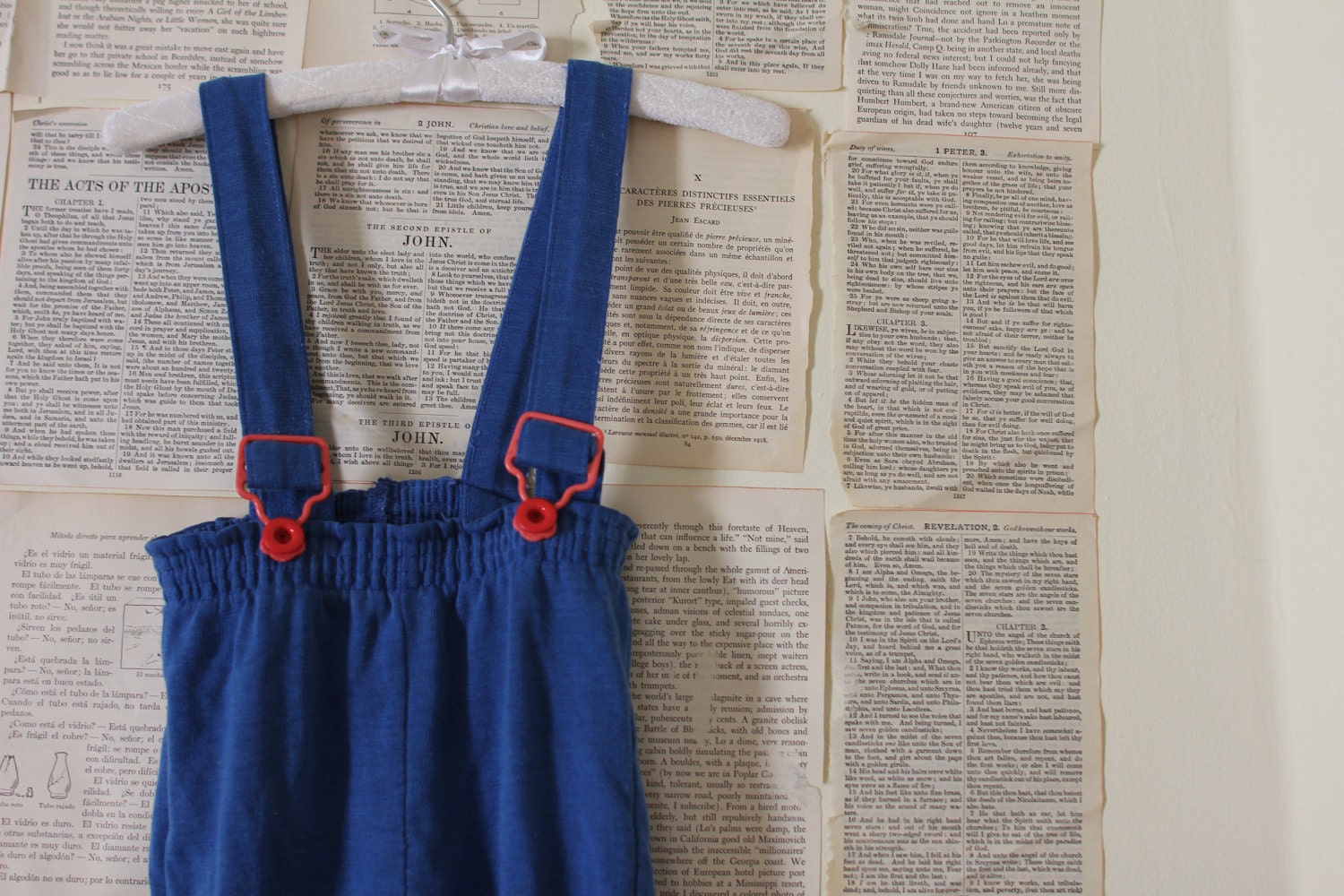 Vintage Kids Blue Overalls - Retro Red Cuffed Children's Romper Coveralls - Little Boy Suspender Pants Clothes - Size 3T - 4T