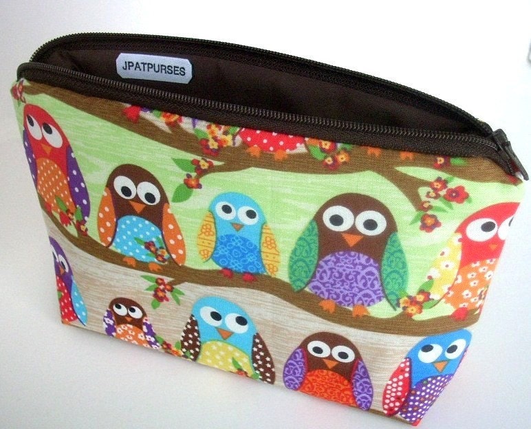 Owls in Line Large Flat bottom zipper pouch Gadget Case Cosmetic Bag ECO Friendly Padded
