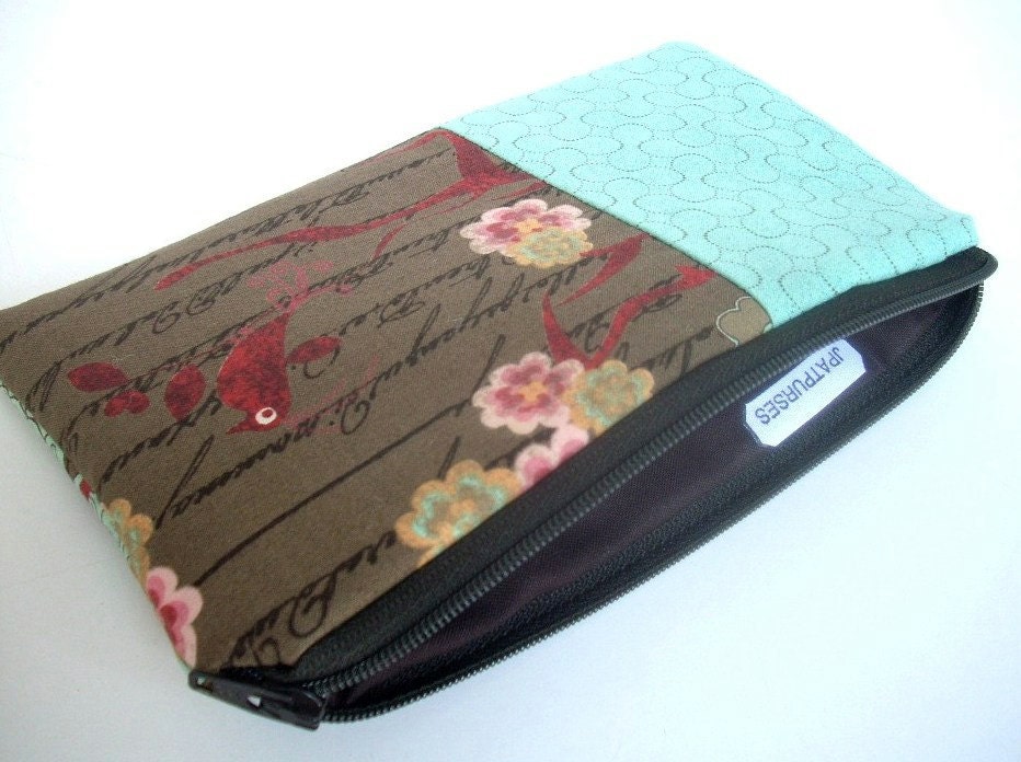 Large Zipper Pouch Cosmetic Bag Eco FRIENDLY Padded Coin purse -  Double Aqua Bird Blush in Brown