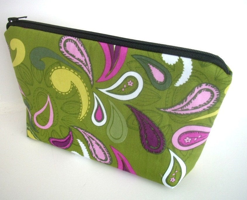 Padded Zipper Pouch Large Flat bottom Cosmetic Bag Gadget Case ECO Friendly Lime Paisley