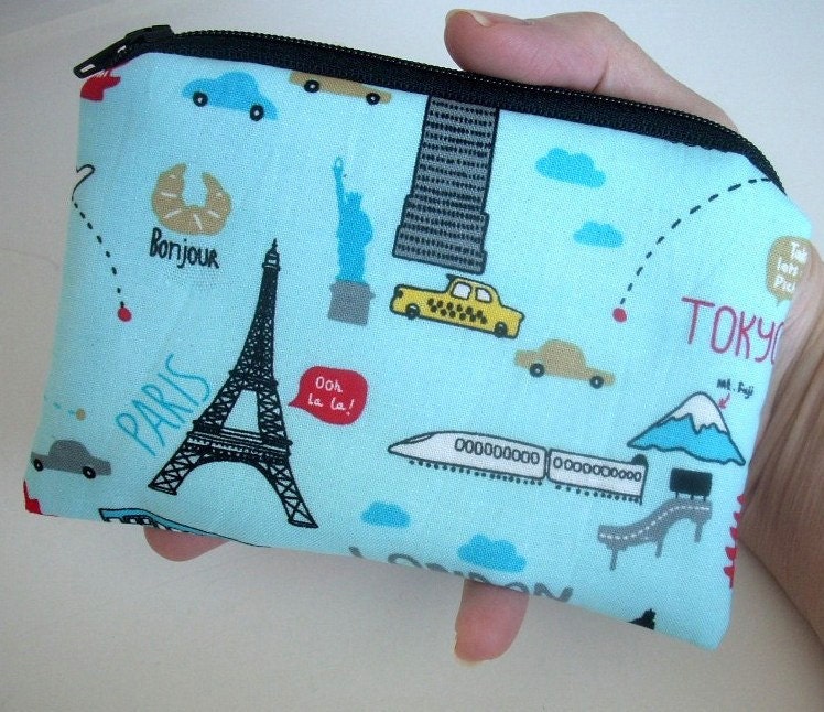 Blue Travel Time Little Zipper pouch coin purse Gadget Case ECO Friendly Padded