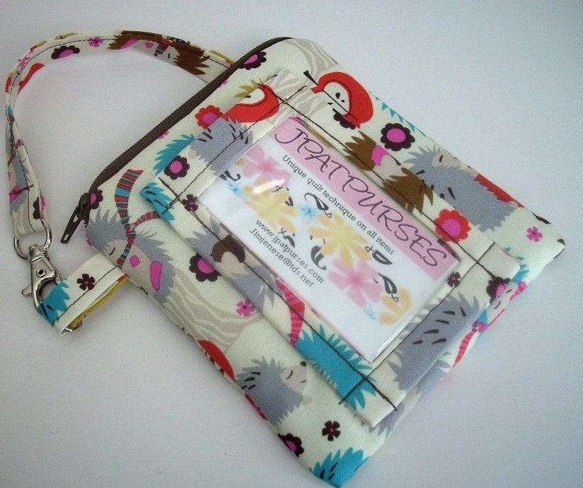ID Window Wallet Gadget Case Padded Zipper Pouch With Clip - ECO Friendly Hedgehog Meadow
