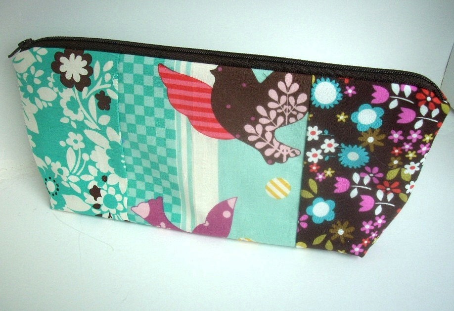 50% OFF SALE Birds Cosmetic Bag Large Flat Bottom Zipper Pouch Camera Case (Padded) OOAK Birds Patchwork