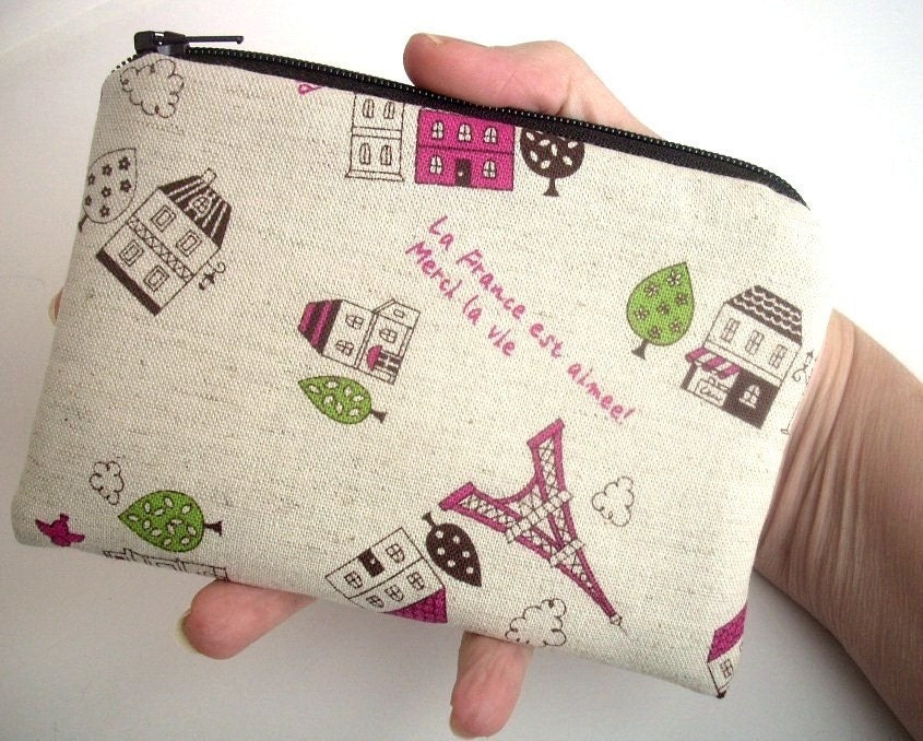 Coin Purse Zipper pouch Gadget Case (Padded) - Paris Pink Eiffel Tower Linen Japanese Import ECO - Friendly