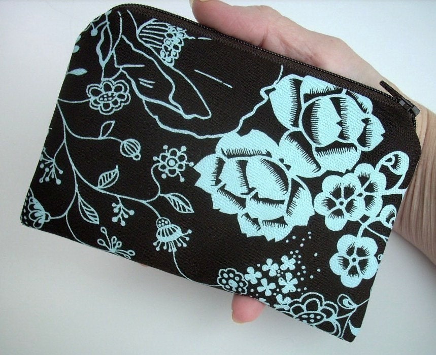 Zipper Pouch CLEARANCE - ECO Friendly Padded Little Zipper Pouch Coin purse Gadget case Sky Blooms on Espresso
